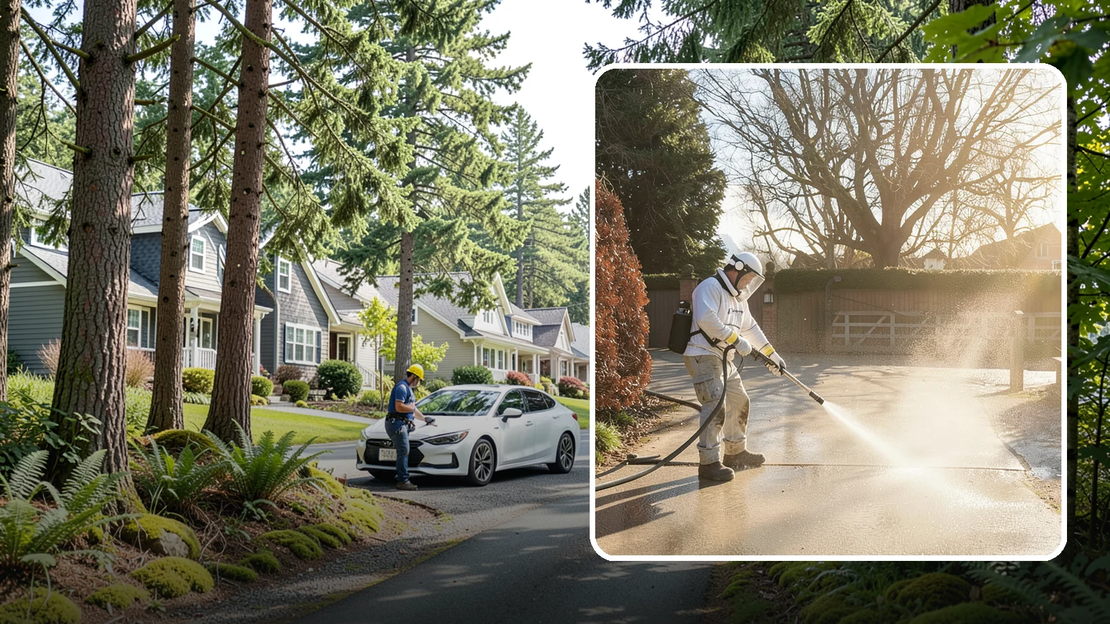 Concrete Driveway Cleaning in Normandy Park, King County, WA - Deep cleaning for poured concrete driveways that lifts ingrained dirt and biological growth from the porous surface.