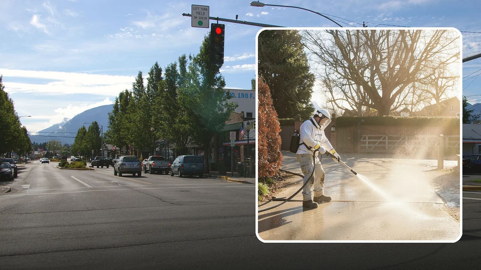 Concrete Driveway Cleaning in North Bend, King County, WA - Deep cleaning for poured concrete driveways that lifts ingrained dirt and biological growth from the porous surface.