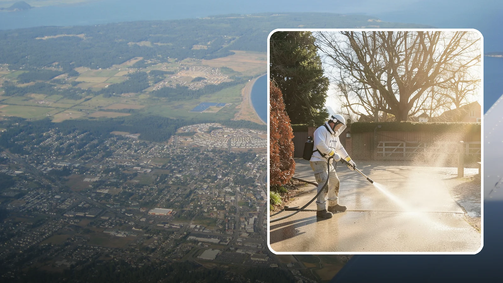Concrete Driveway Cleaning in Oak Harbor, Island County, WA - Deep cleaning for poured concrete driveways that lifts ingrained dirt and biological growth from the porous surface.