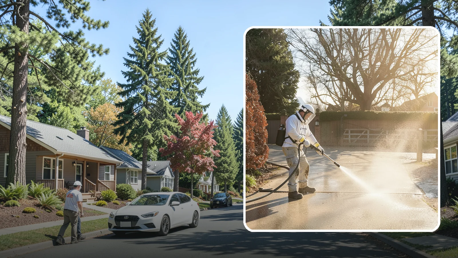 Concrete Driveway Cleaning in Orting, Pierce County, WA - Deep cleaning for poured concrete driveways that lifts ingrained dirt and biological growth from the porous surface.