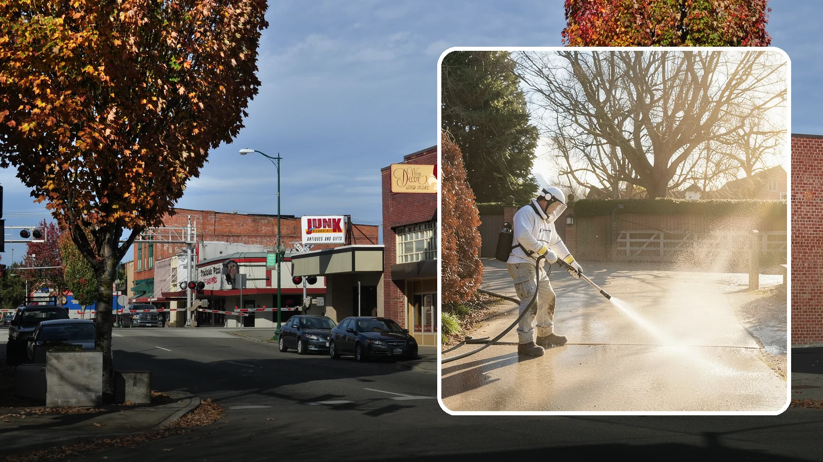 Concrete Driveway Cleaning in Puyallup, Pierce County, WA - Deep cleaning for poured concrete driveways that lifts ingrained dirt and biological growth from the porous surface.