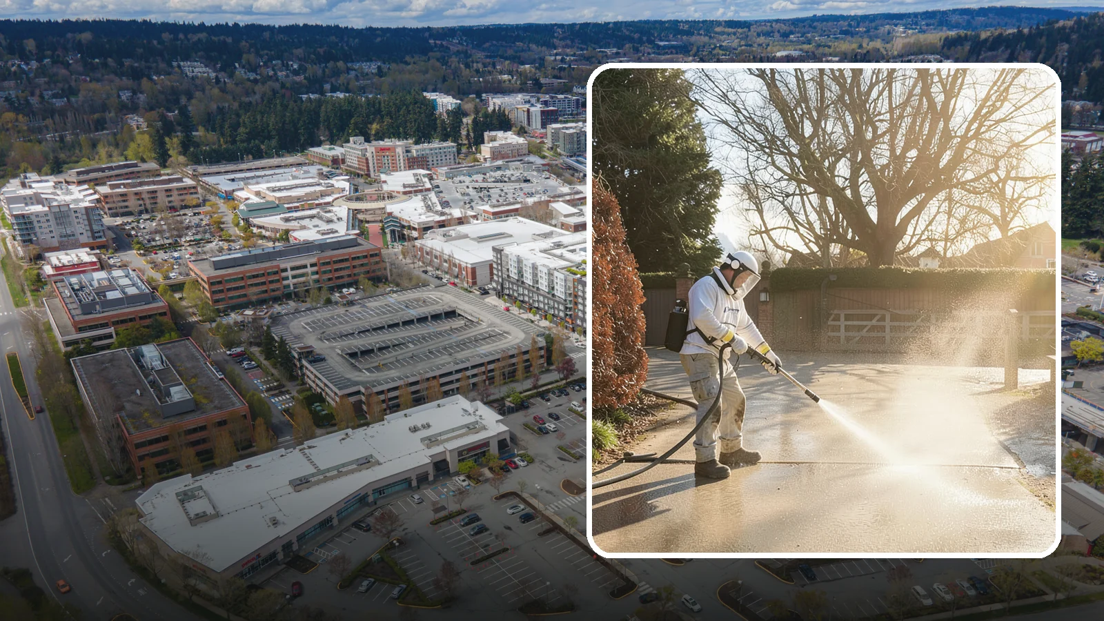 Concrete Driveway Cleaning in Redmond, King County, WA - Deep cleaning for poured concrete driveways that lifts ingrained dirt and biological growth from the porous surface.