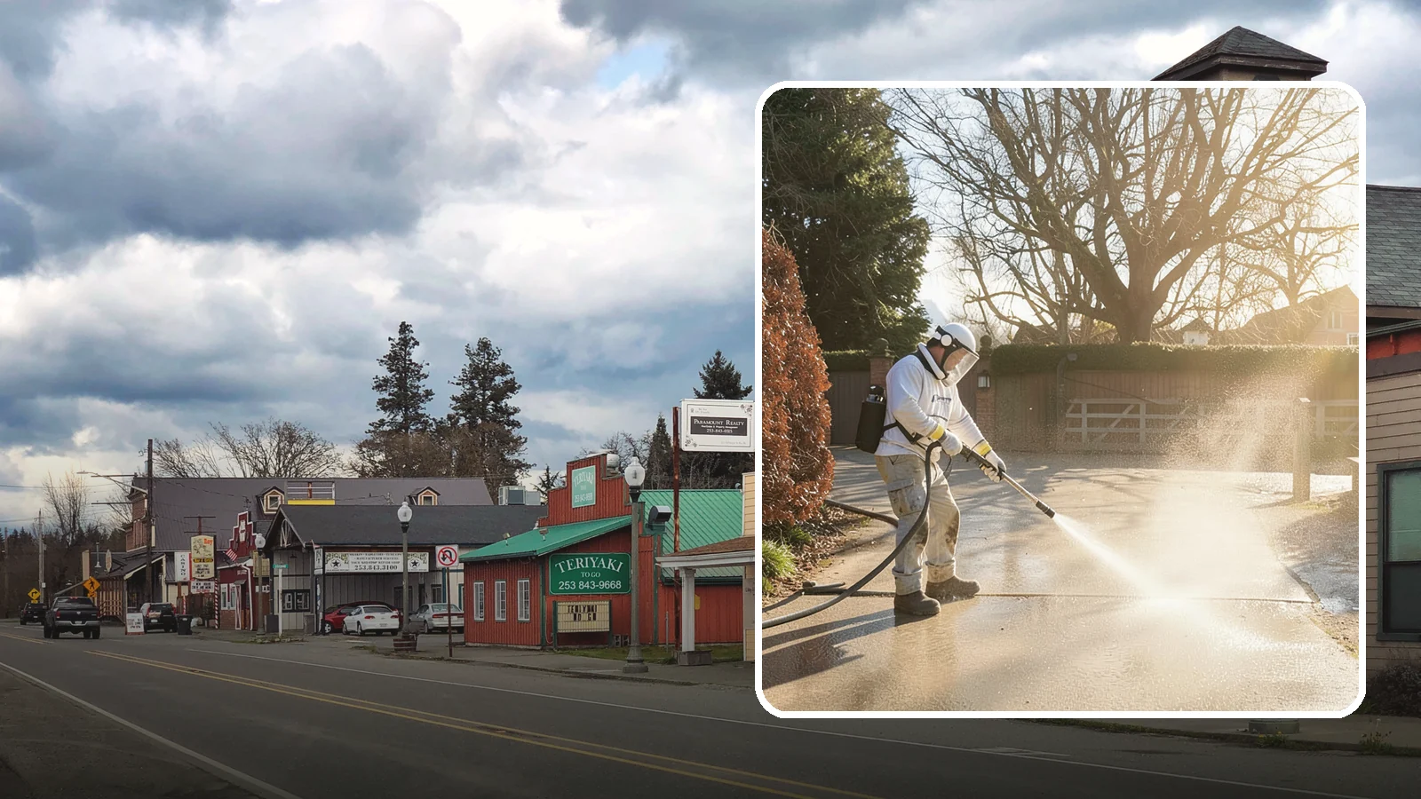 Concrete Driveway Cleaning in Roy, Pierce County, WA - Deep cleaning for poured concrete driveways that lifts ingrained dirt and biological growth from the porous surface.
