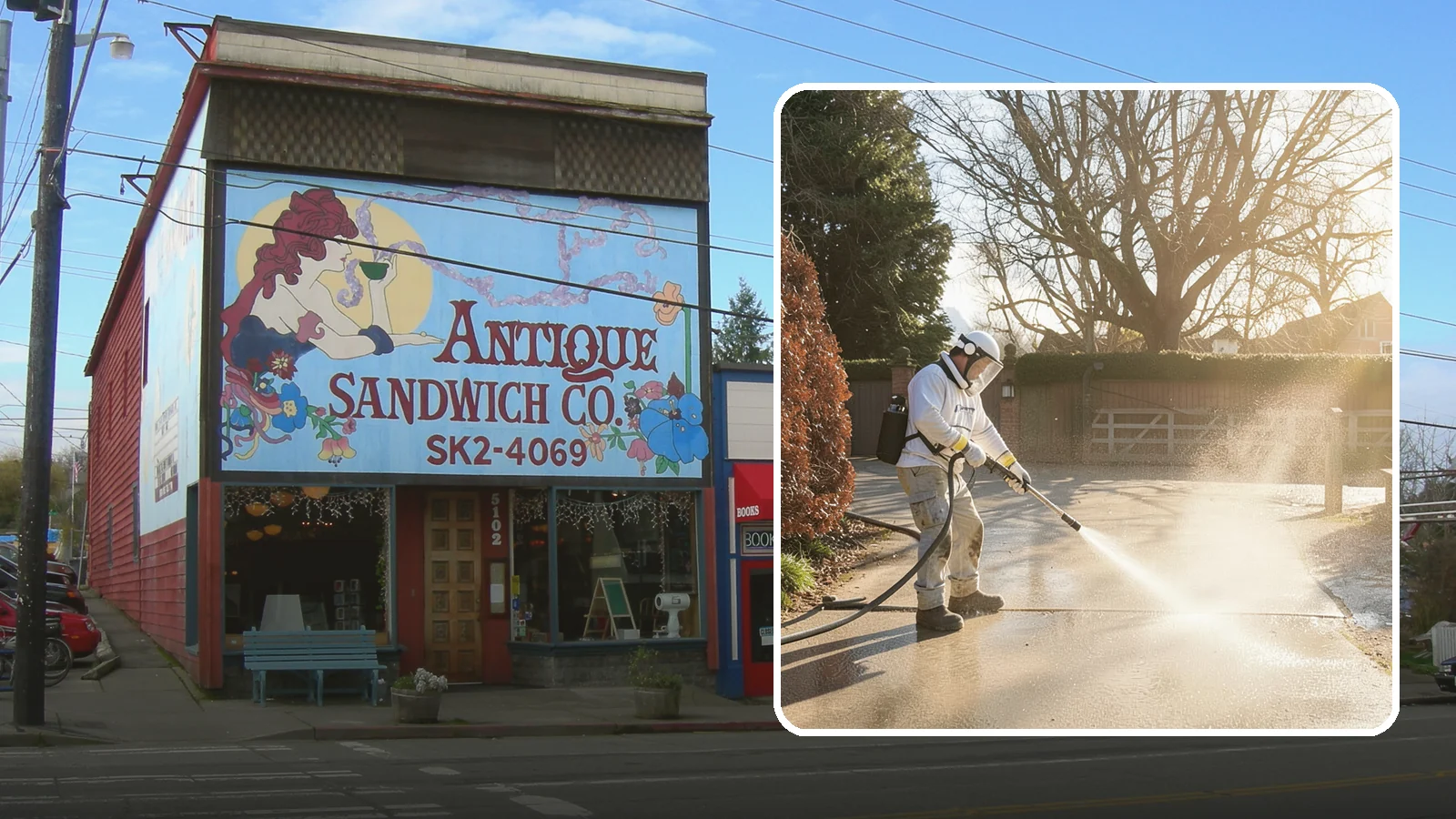 Concrete Driveway Cleaning in Ruston, Pierce County, WA - Deep cleaning for poured concrete driveways that lifts ingrained dirt and biological growth from the porous surface.