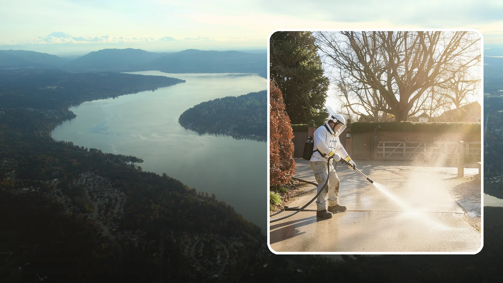 Concrete Driveway Cleaning in Sammamish, King County, WA - Deep cleaning for poured concrete driveways that lifts ingrained dirt and biological growth from the porous surface.