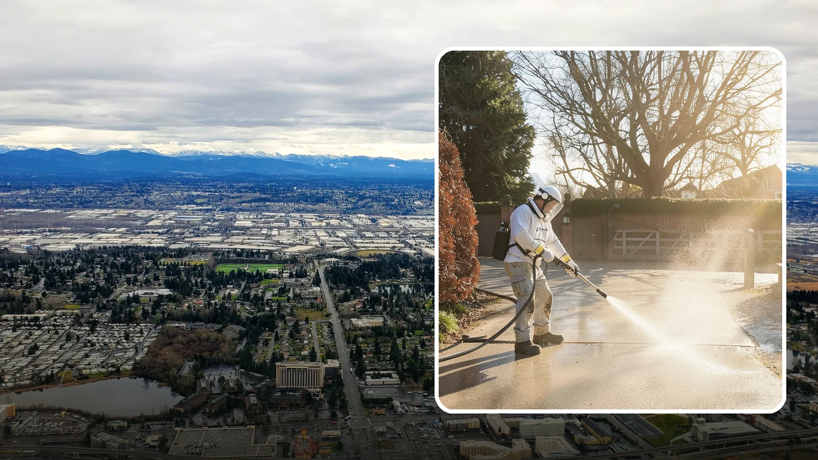 Concrete Driveway Cleaning in SeaTac, King County, WA - Deep cleaning for poured concrete driveways that lifts ingrained dirt and biological growth from the porous surface.