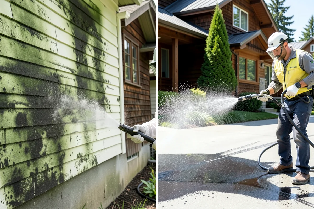 Concrete Driveway Cleaning in SeaTac, King County, WA - Clear the surface and spot-treat stains and growth