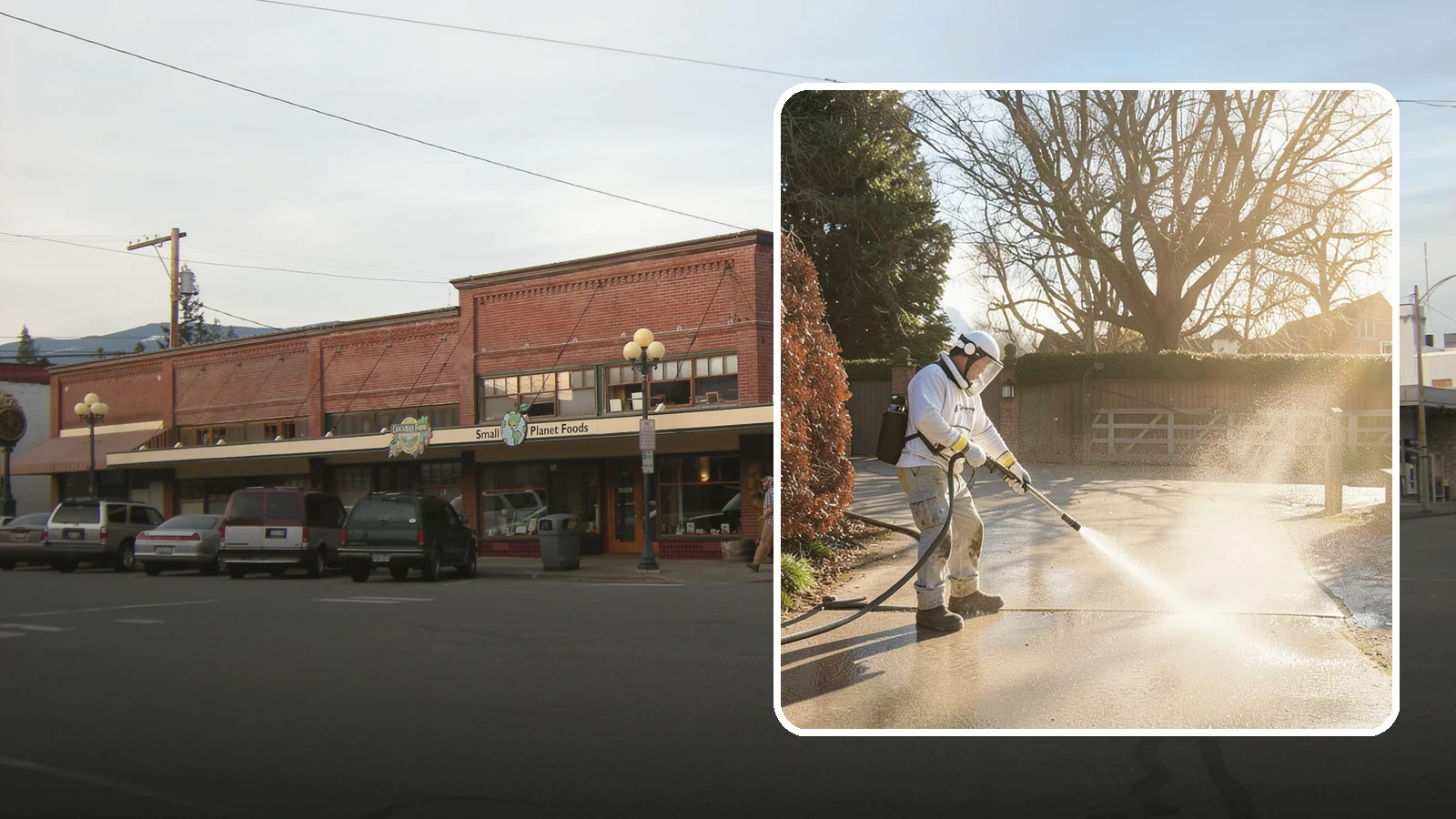 Concrete Driveway Cleaning in Sedro-Woolley, Skagit County, WA - Deep cleaning for poured concrete driveways that lifts ingrained dirt and biological growth from the porous surface.