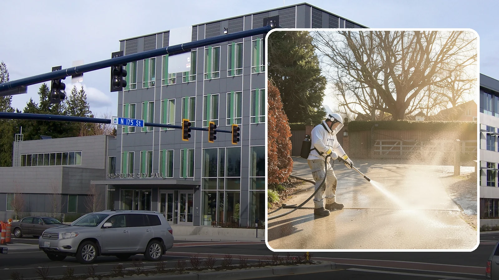 Concrete Driveway Cleaning in Shoreline, King County, WA - Deep cleaning for poured concrete driveways that lifts ingrained dirt and biological growth from the porous surface.