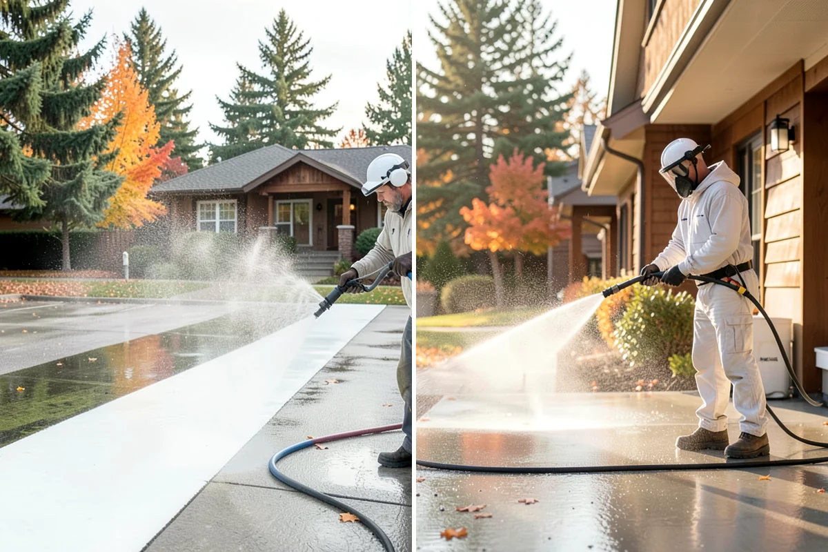 Concrete Driveway Cleaning in Shoreline, King County, WA - Clear the surface and spot-treat stains and growth