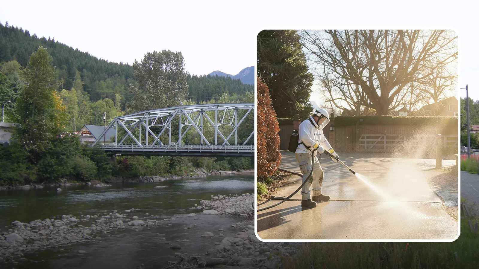Concrete Driveway Cleaning in Skykomish, King County, WA - Deep cleaning for poured concrete driveways that lifts ingrained dirt and biological growth from the porous surface.