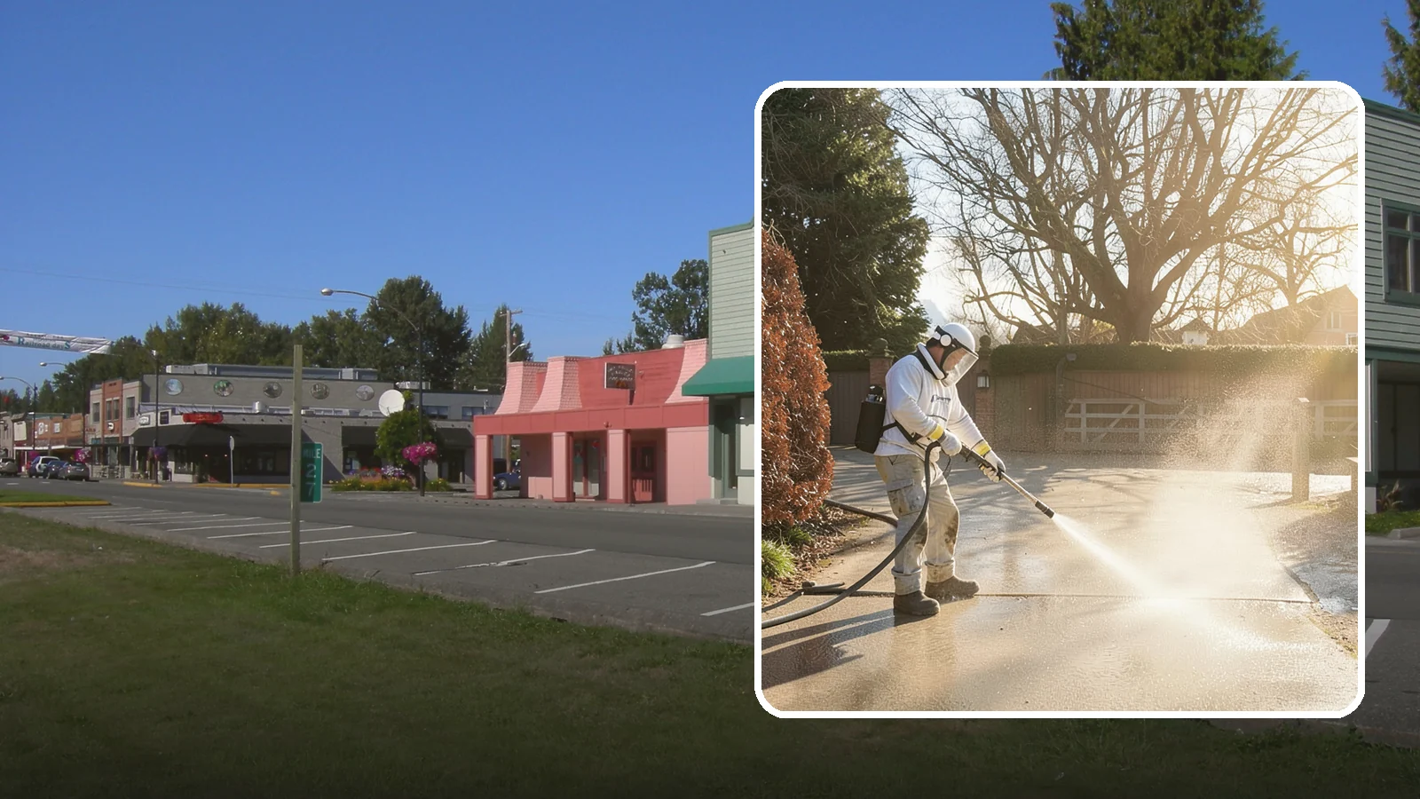 Concrete Driveway Cleaning in Snoqualmie, King County, WA - Deep cleaning for poured concrete driveways that lifts ingrained dirt and biological growth from the porous surface.