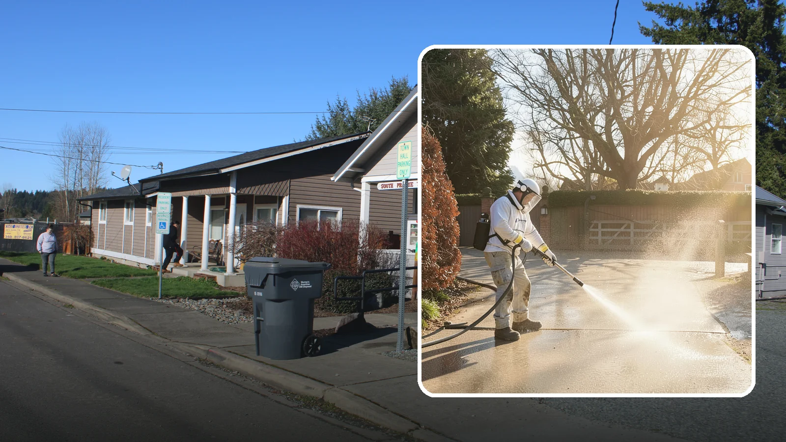 Concrete Driveway Cleaning in South Prairie, Pierce County, WA - Deep cleaning for poured concrete driveways that lifts ingrained dirt and biological growth from the porous surface.