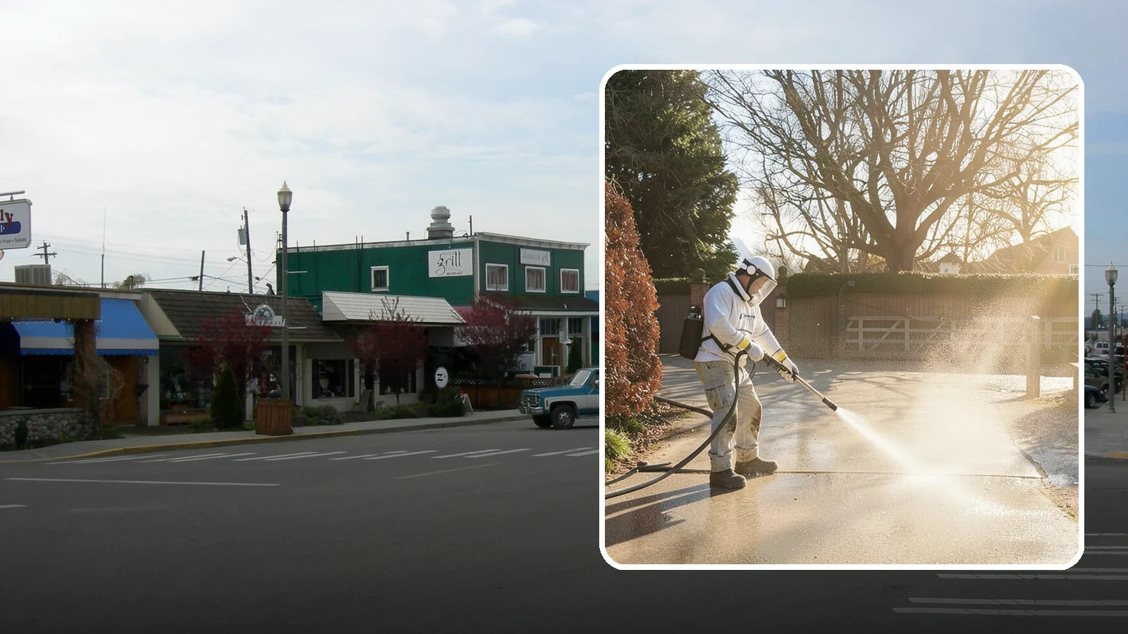 Concrete Driveway Cleaning in Stanwood, Snohomish County, WA - Deep cleaning for poured concrete driveways that lifts ingrained dirt and biological growth from the porous surface.