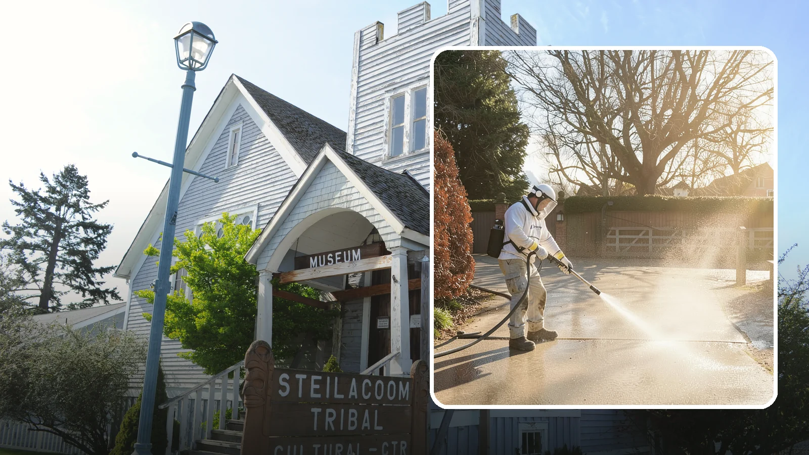 Concrete Driveway Cleaning in Steilacoom, Pierce County, WA - Deep cleaning for poured concrete driveways that lifts ingrained dirt and biological growth from the porous surface.