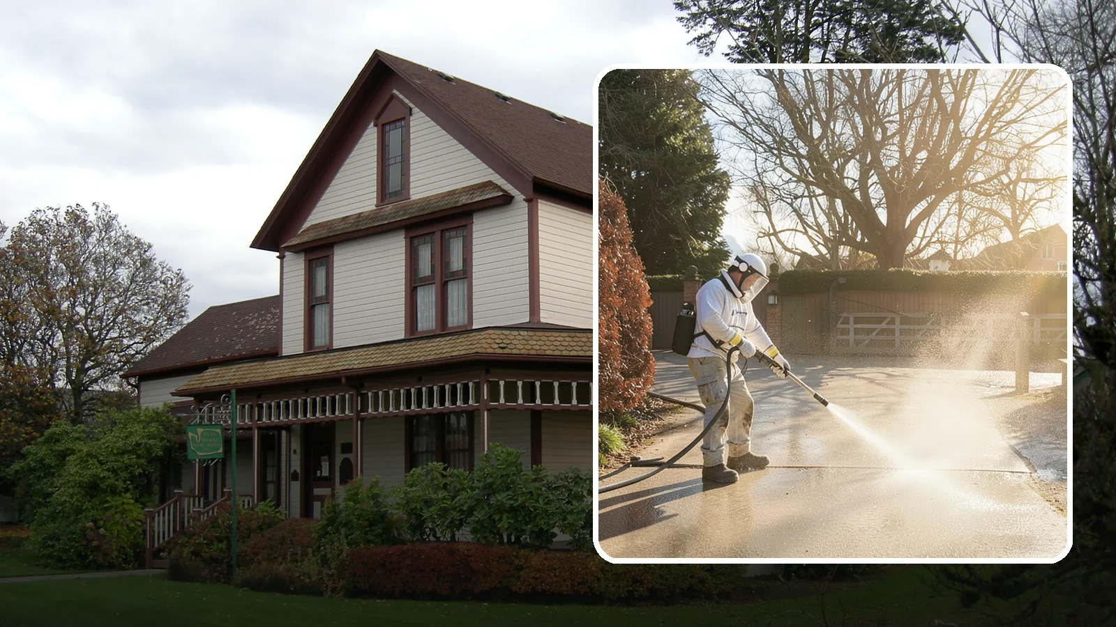 Concrete Driveway Cleaning in Sumner, Pierce County, WA - Deep cleaning for poured concrete driveways that lifts ingrained dirt and biological growth from the porous surface.
