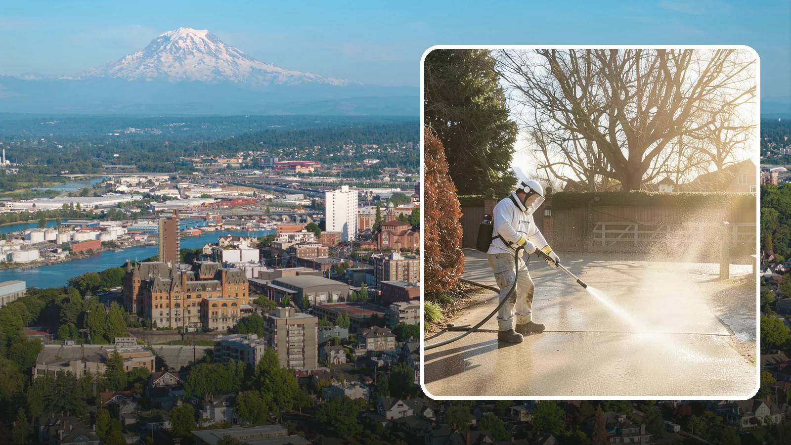 Concrete Driveway Cleaning in Tacoma, Pierce County, WA - Deep cleaning for poured concrete driveways that lifts ingrained dirt and biological growth from the porous surface.