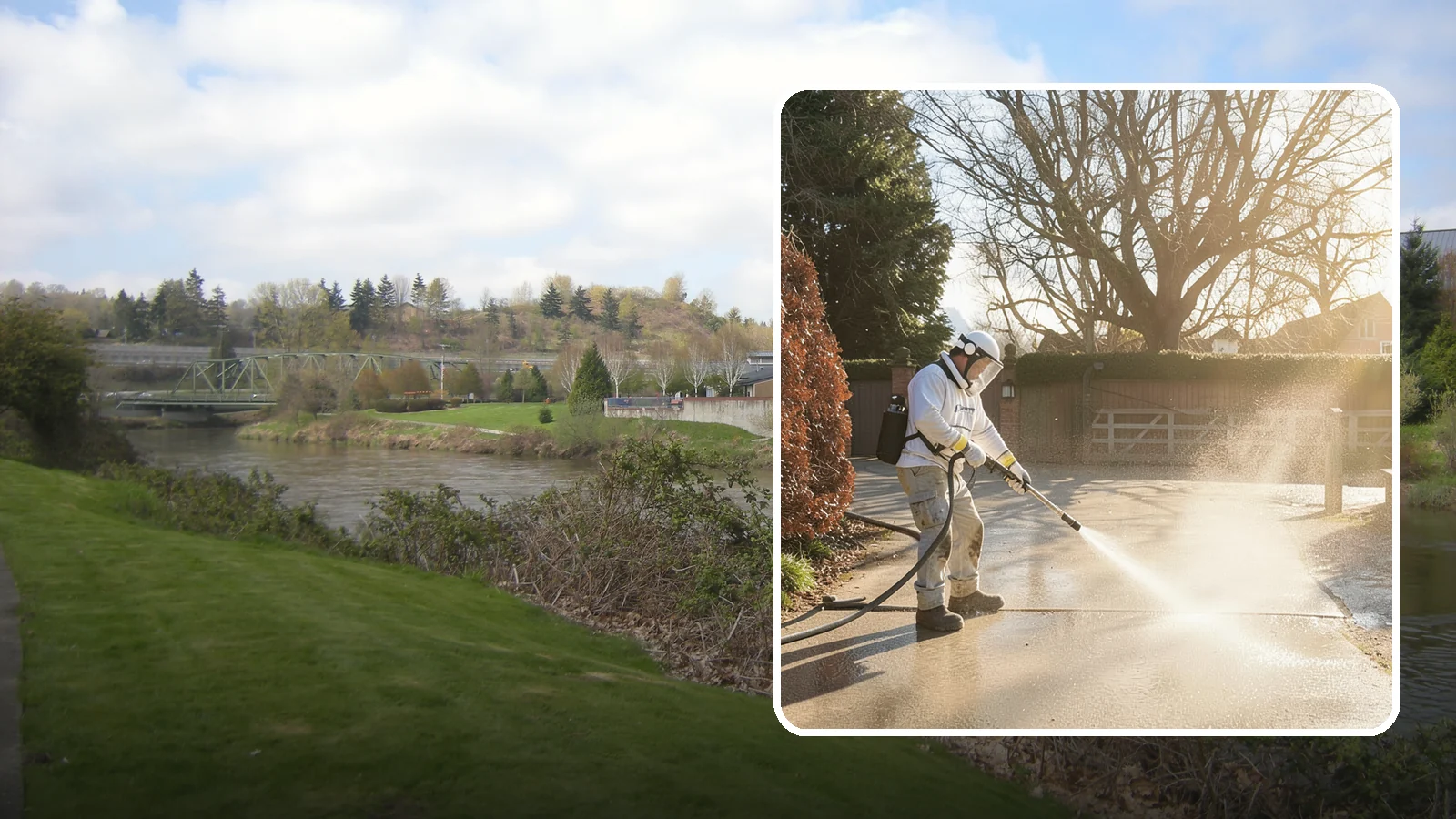 Concrete Driveway Cleaning in Tukwila, King County, WA - Deep cleaning for poured concrete driveways that lifts ingrained dirt and biological growth from the porous surface.