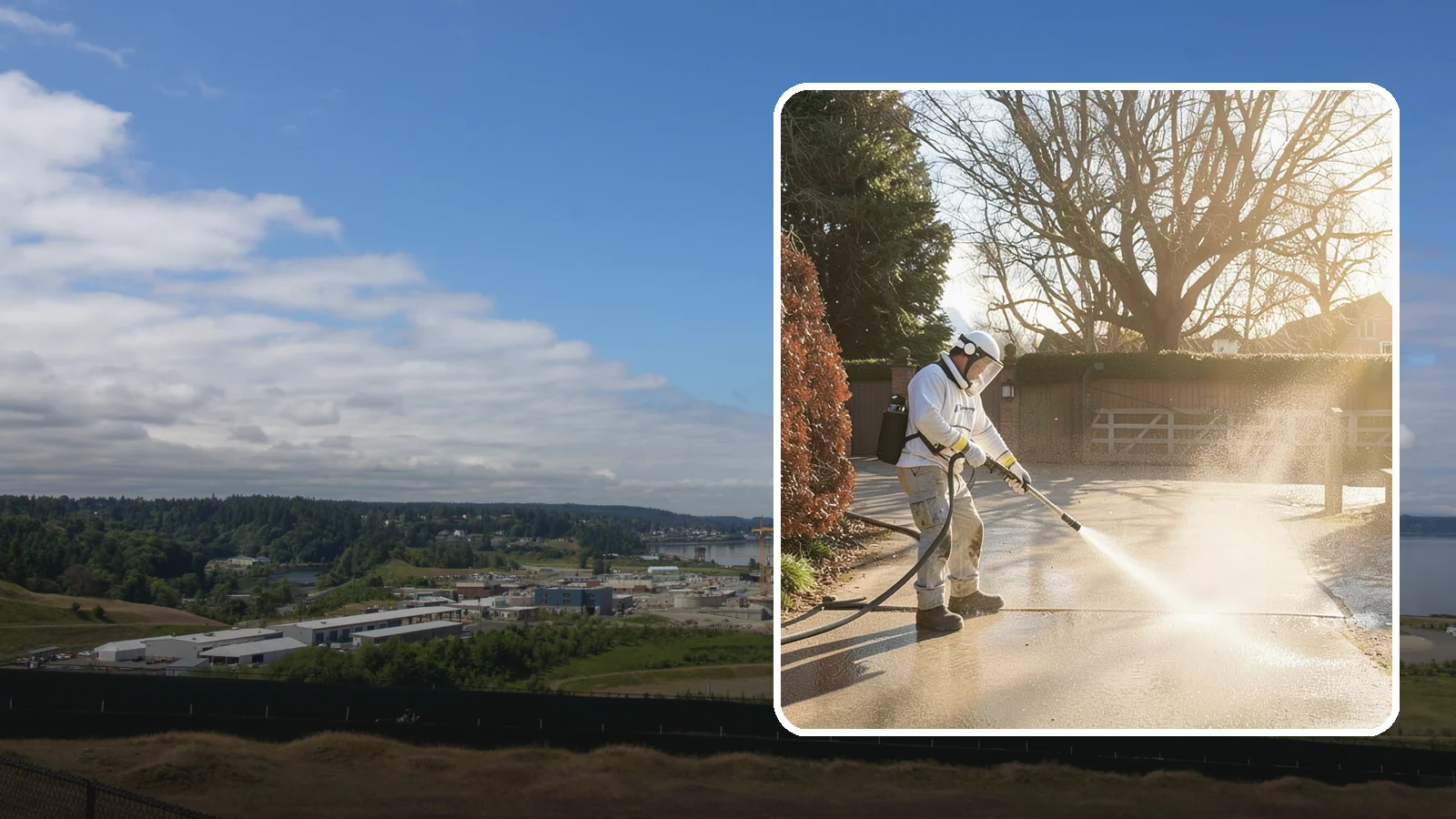 Concrete Driveway Cleaning in University Place, Pierce County, WA - Deep cleaning for poured concrete driveways that lifts ingrained dirt and biological growth from the porous surface.