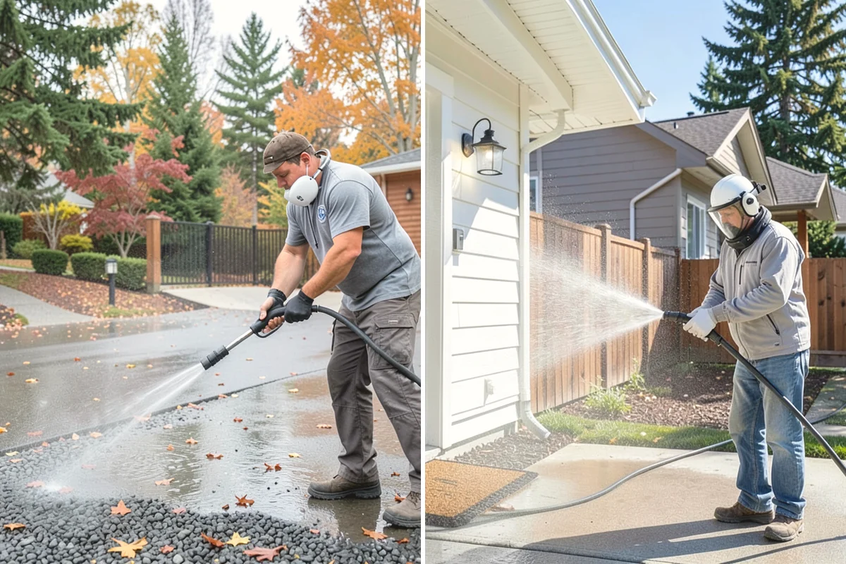 Concrete Driveway Cleaning in University Place, Pierce County, WA - Clear the surface and spot-treat stains and growth