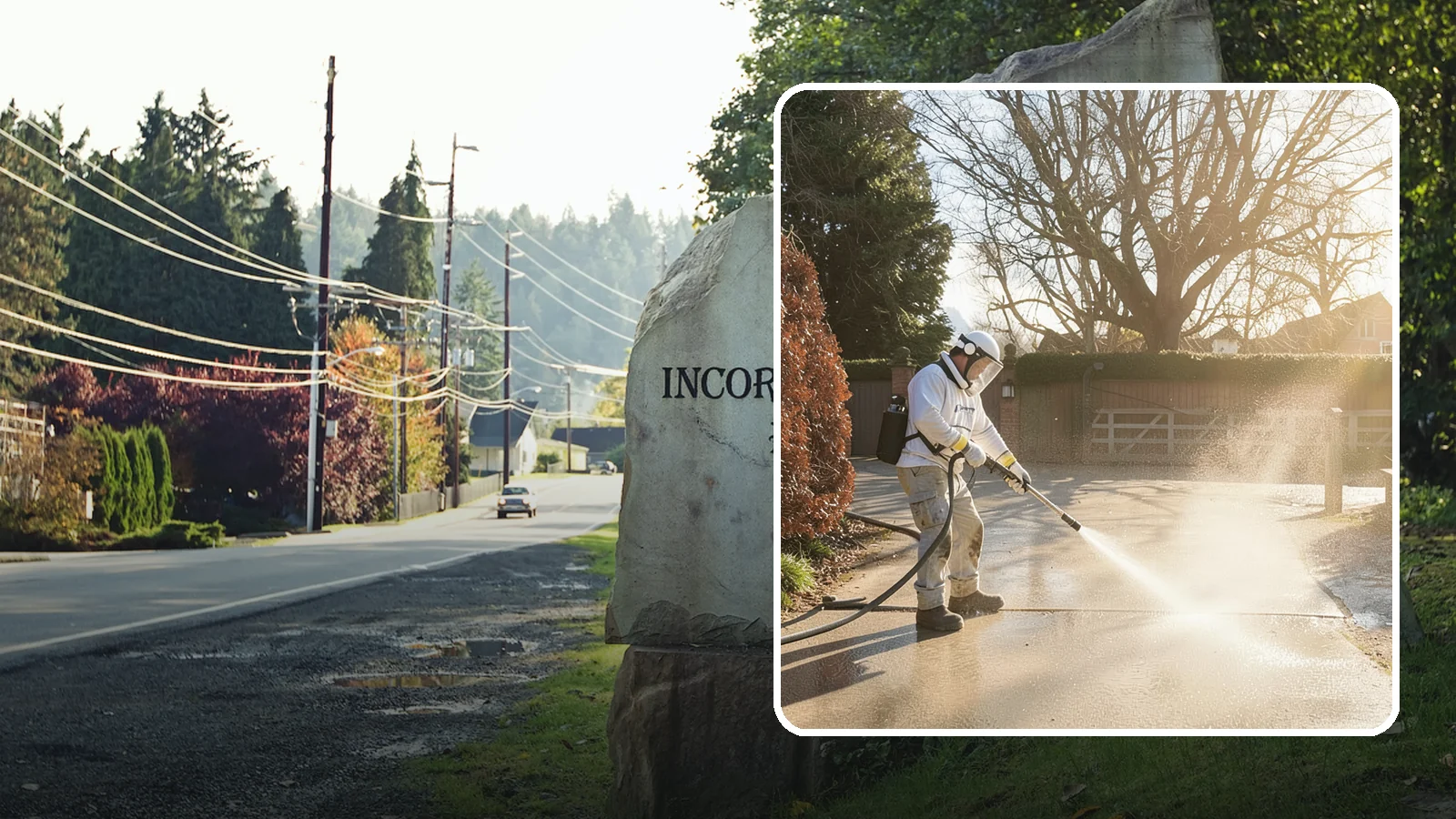 Concrete Driveway Cleaning in Wilkeson, Pierce County, WA - Deep cleaning for poured concrete driveways that lifts ingrained dirt and biological growth from the porous surface.