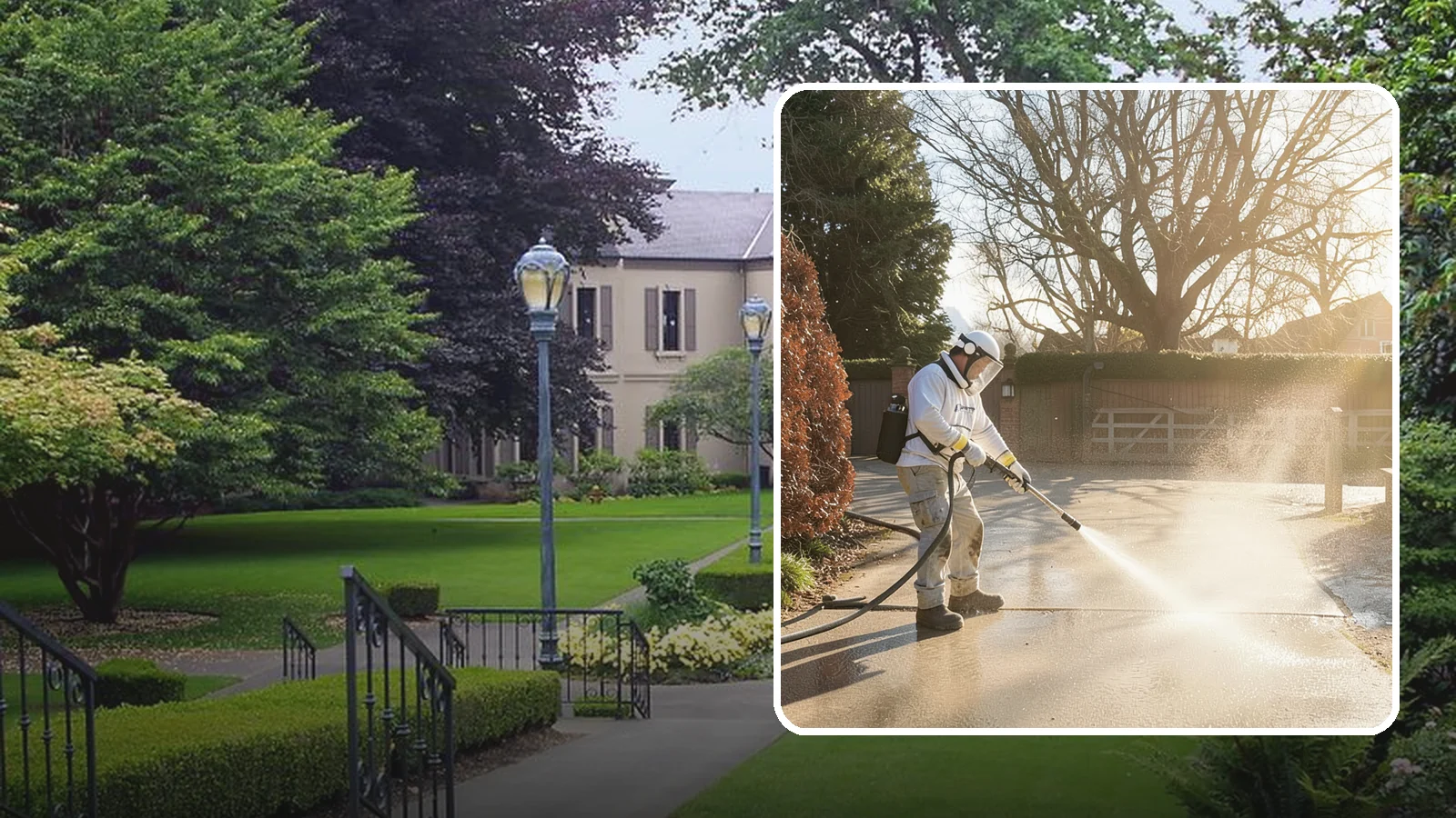 Concrete Driveway Cleaning in Woodinville, King County, WA - Deep cleaning for poured concrete driveways that lifts ingrained dirt and biological growth from the porous surface.