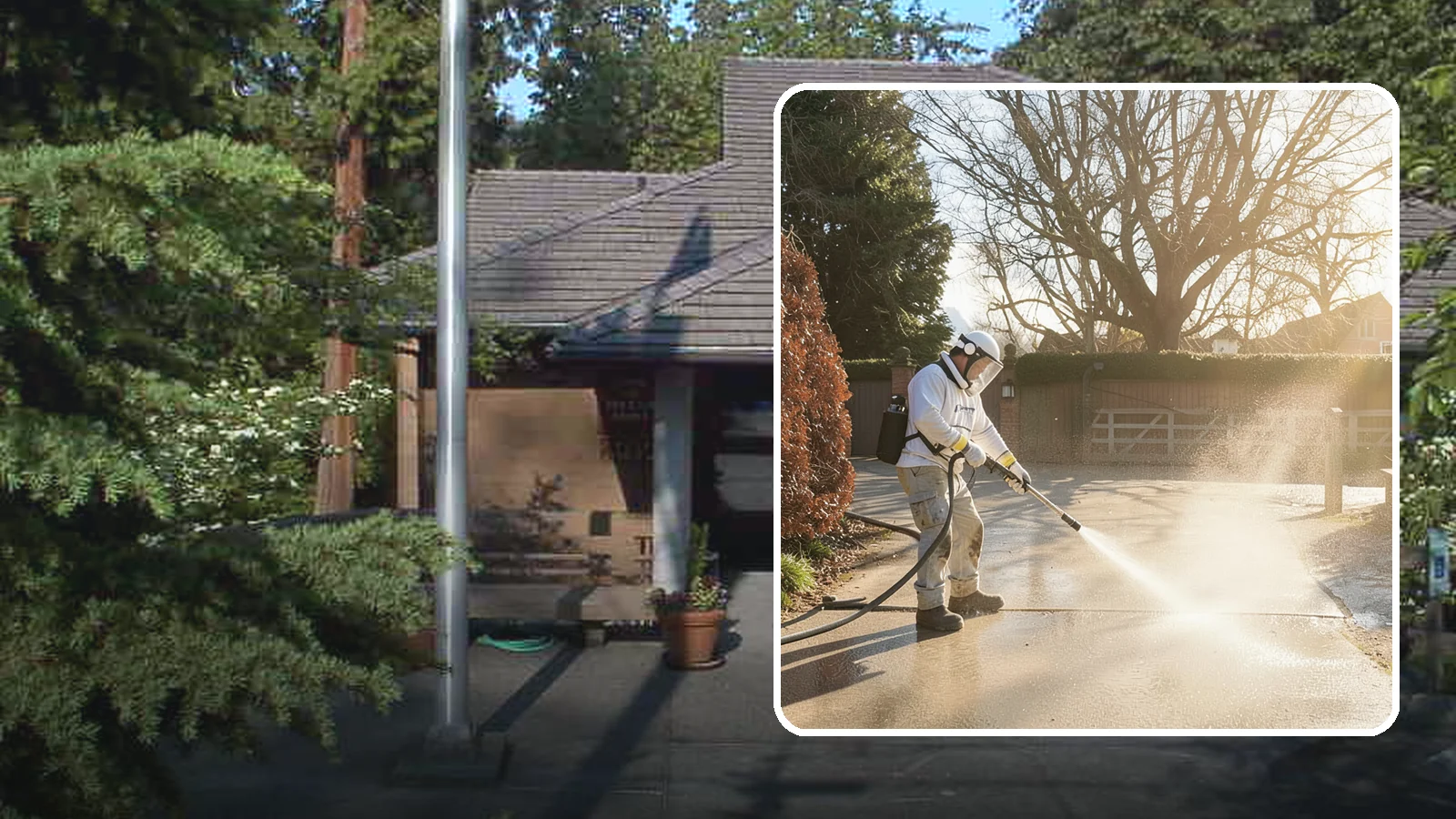 Concrete Driveway Cleaning in Yarrow Point, King County, WA - Deep cleaning for poured concrete driveways that lifts ingrained dirt and biological growth from the porous surface.