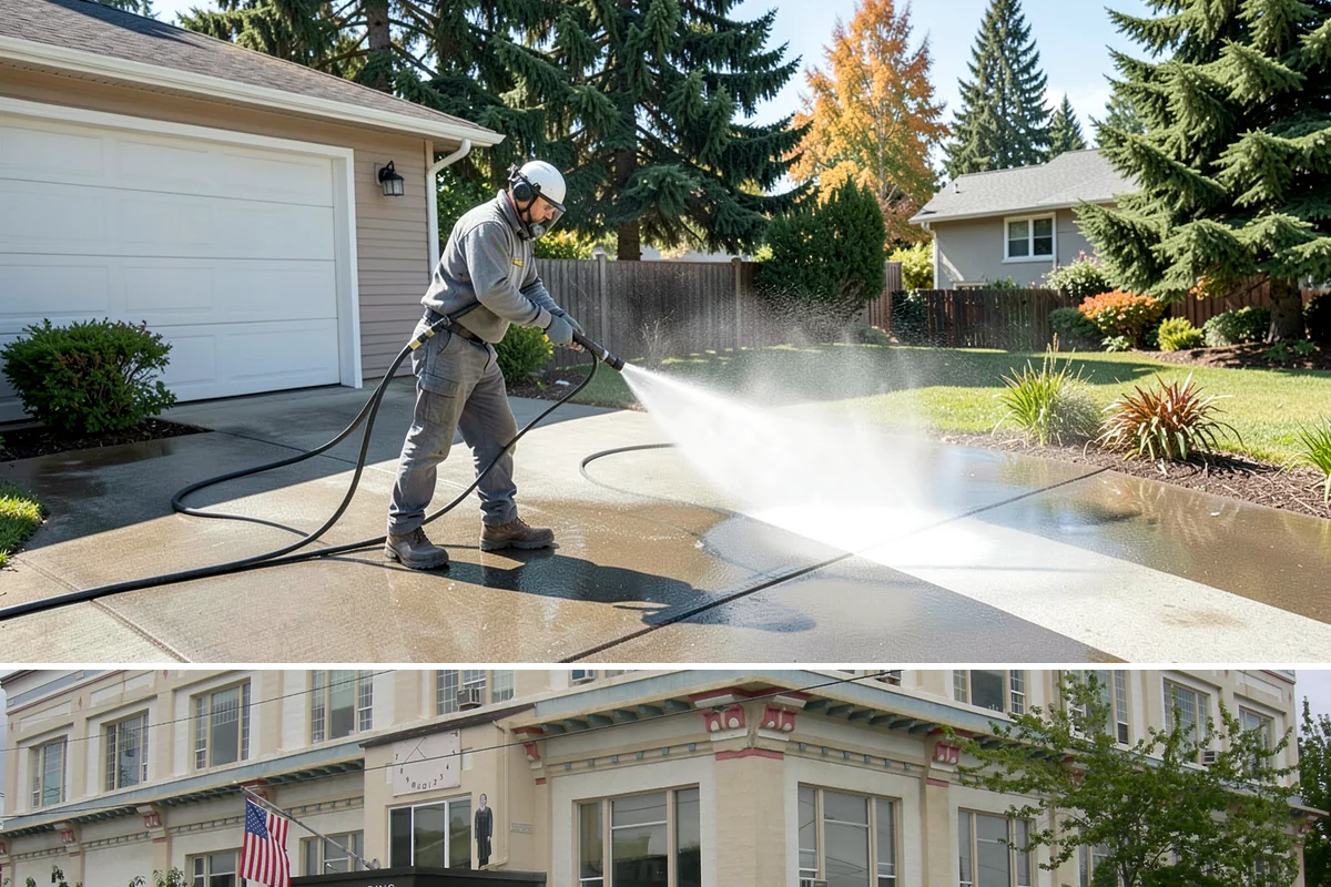 Concrete Pad Cleaning in Anacortes, Skagit County, WA - These shaded pads benefit from a summer cleaning when reduced rainfall slows the moss that otherwise returns quickly.