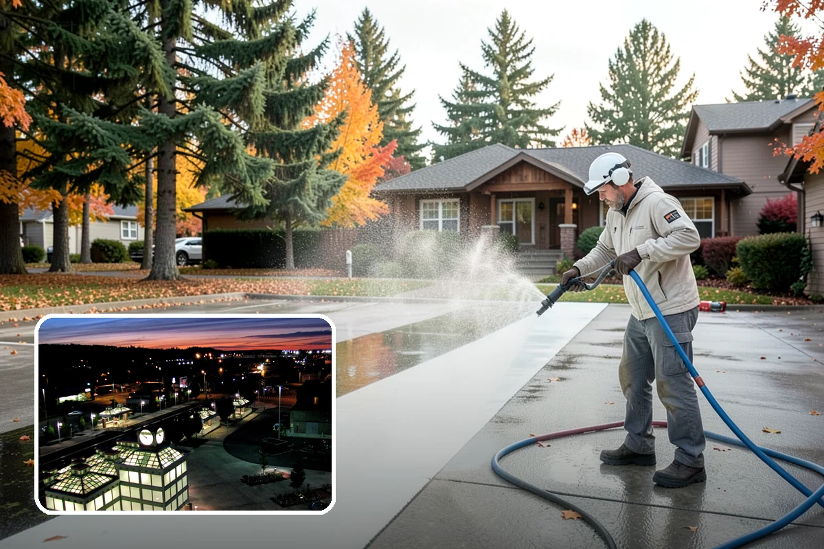 Concrete Pad Cleaning in Auburn, King County, WA - Clears moss from low, shaded utility slabs