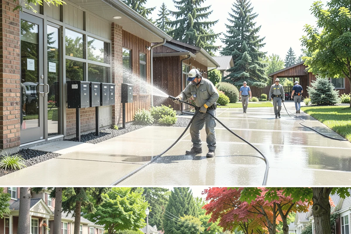 Concrete Pad Cleaning in Beaux Arts Village, King County, WA - These shaded pads benefit from a summer cleaning when reduced rainfall slows the moss that otherwise returns quickly.