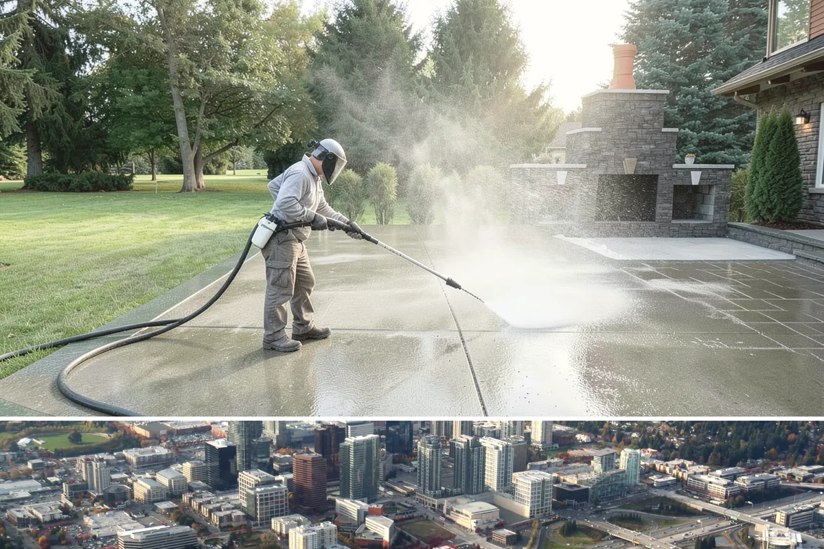 Concrete Pad Cleaning in Bellevue, King County, WA - These shaded pads benefit from a summer cleaning when reduced rainfall slows the moss that otherwise returns quickly.