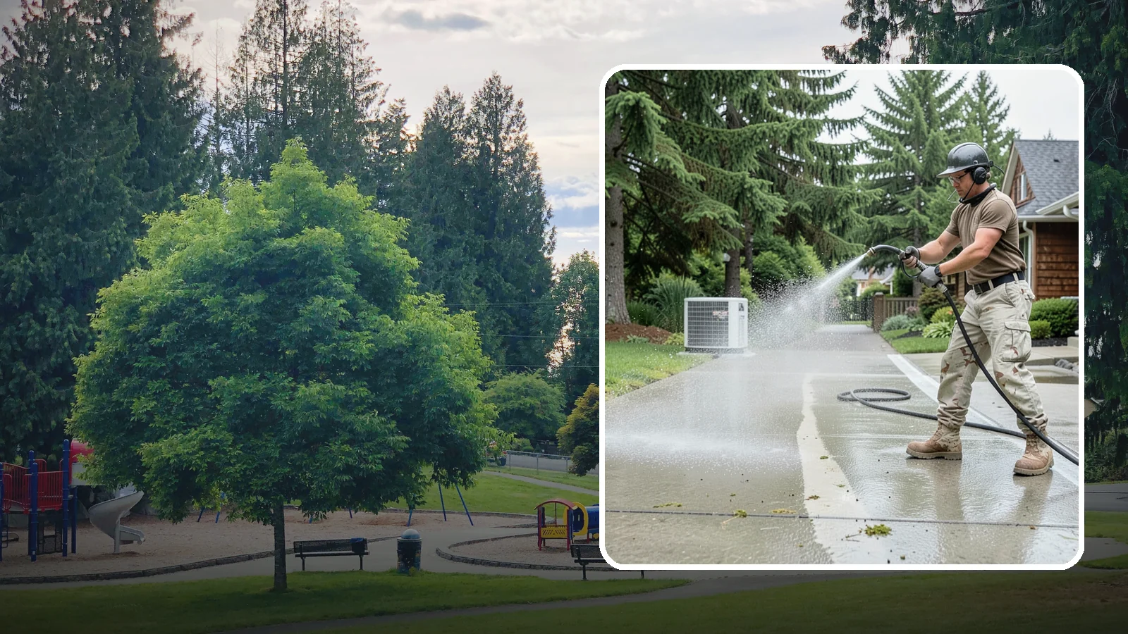Concrete Pad Cleaning in Bonney Lake, Pierce County, WA - Refresh AC pads, shed pads, and utility slabs that collect moss and debris in the damp Northwest climate.