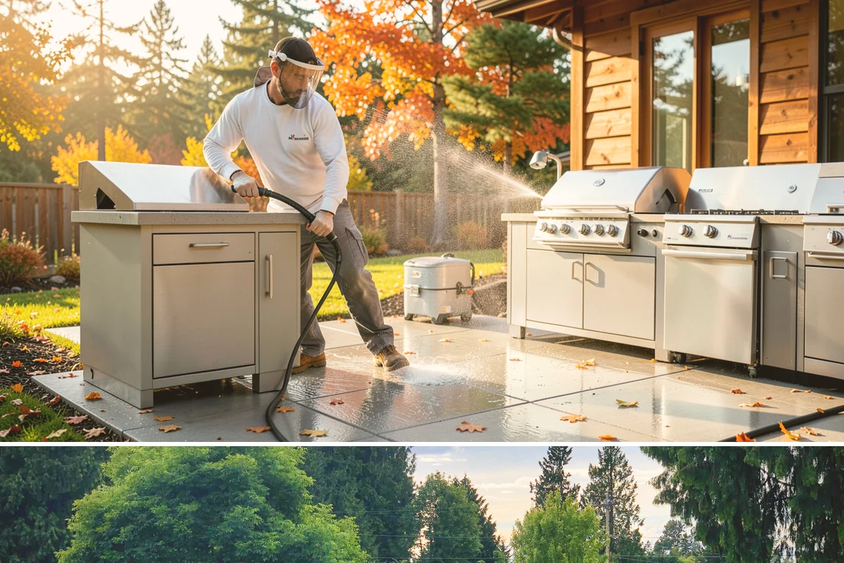 Concrete Pad Cleaning in Bonney Lake, Pierce County, WA - These shaded pads benefit from a summer cleaning when reduced rainfall slows the moss that otherwise returns quickly.