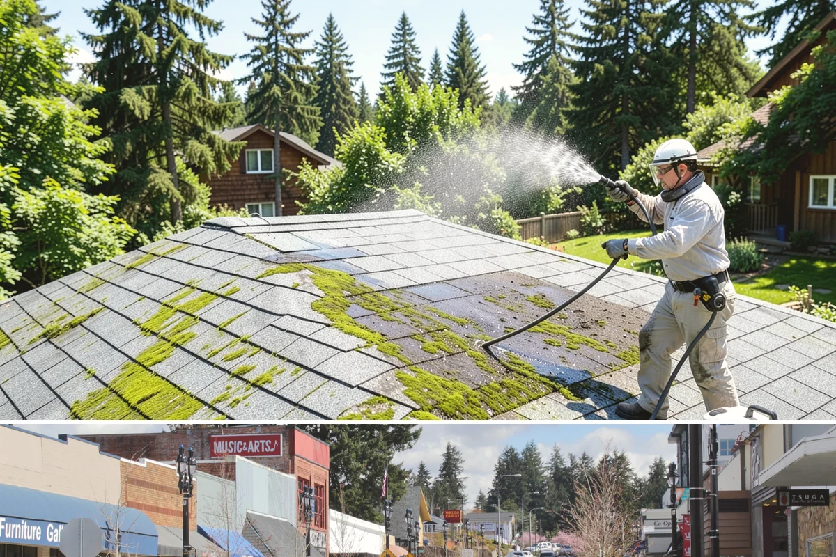 Concrete Pad Cleaning in Bothell, King County, WA - These shaded pads benefit from a summer cleaning when reduced rainfall slows the moss that otherwise returns quickly.