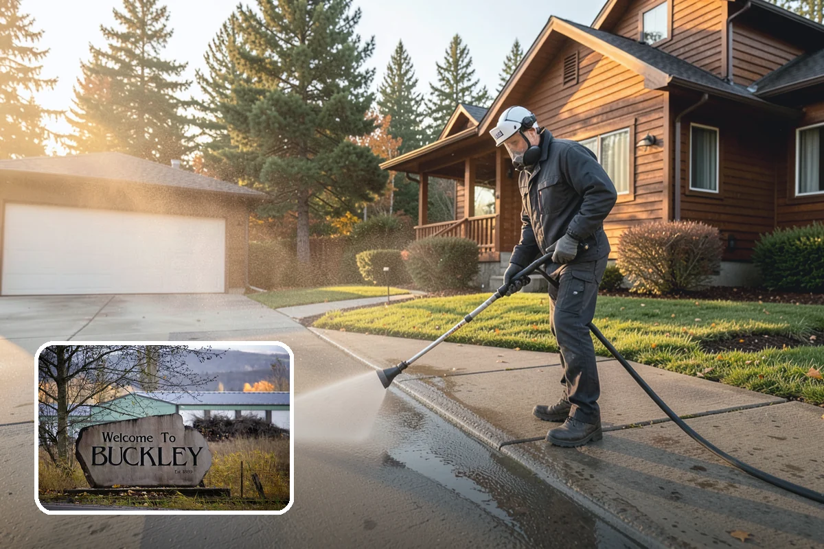 Concrete Pad Cleaning in Buckley, Pierce County, WA - Clears moss from low, shaded utility slabs