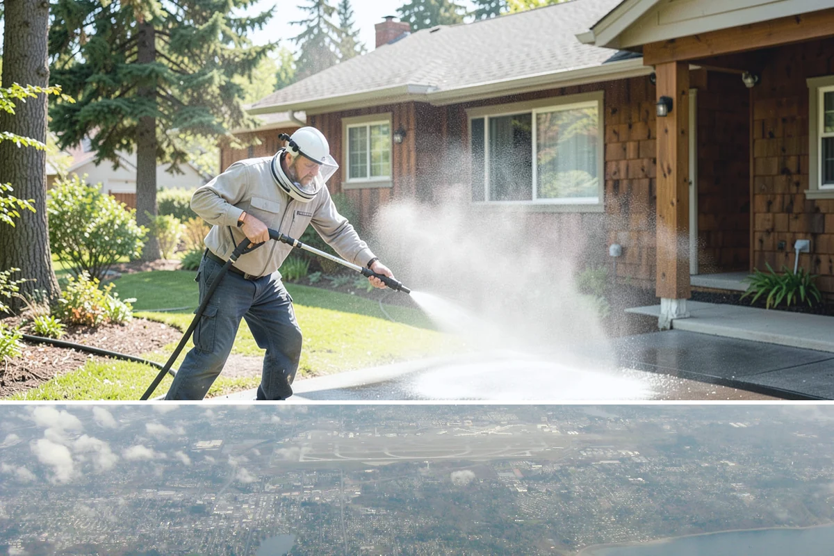 Concrete Pad Cleaning in Burien, King County, WA - These shaded pads benefit from a summer cleaning when reduced rainfall slows the moss that otherwise returns quickly.