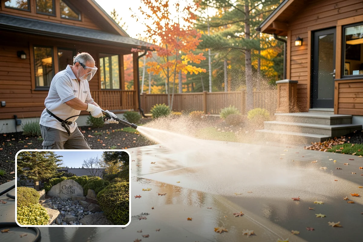 Concrete Pad Cleaning in Clyde Hill, King County, WA - Clears moss from low, shaded utility slabs