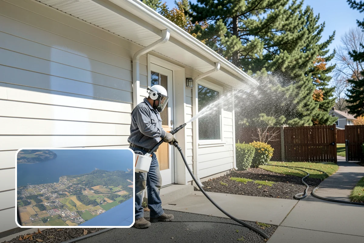 Concrete Pad Cleaning in Coupeville, Island County, WA - Clears moss from low, shaded utility slabs