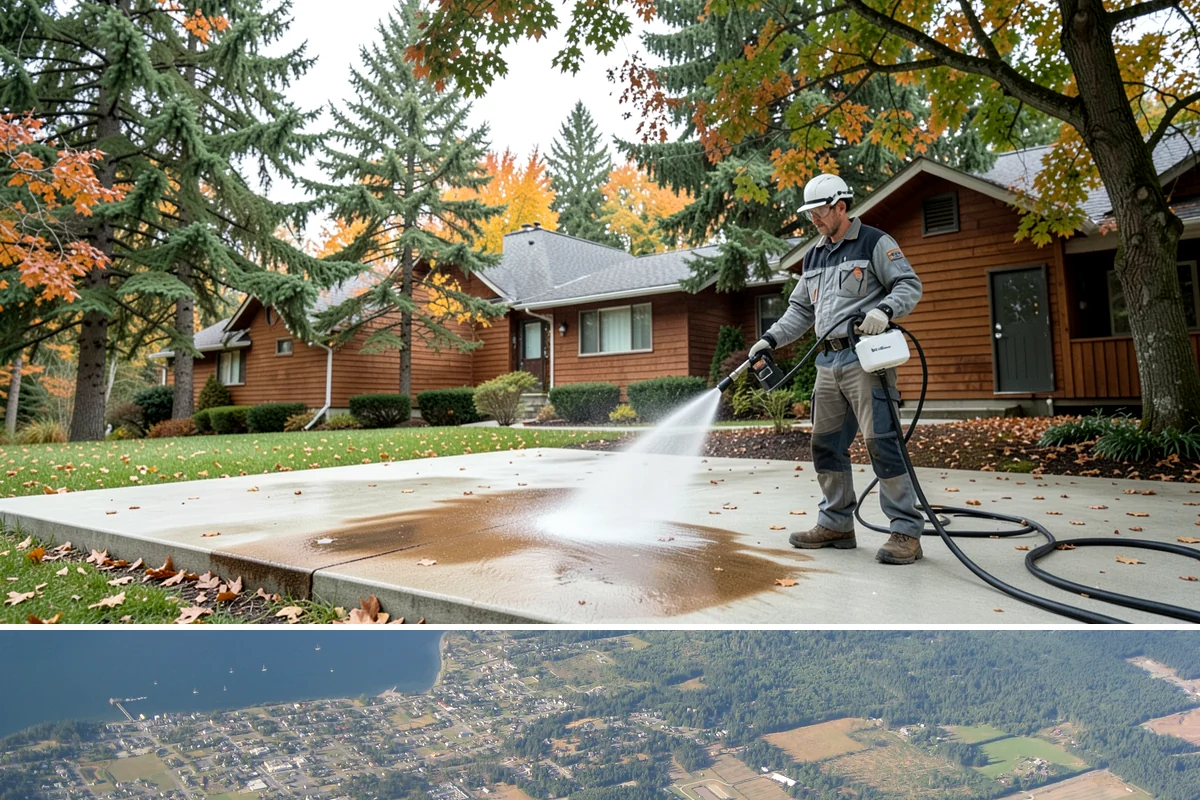 Concrete Pad Cleaning in Coupeville, Island County, WA - These shaded pads benefit from a summer cleaning when reduced rainfall slows the moss that otherwise returns quickly.