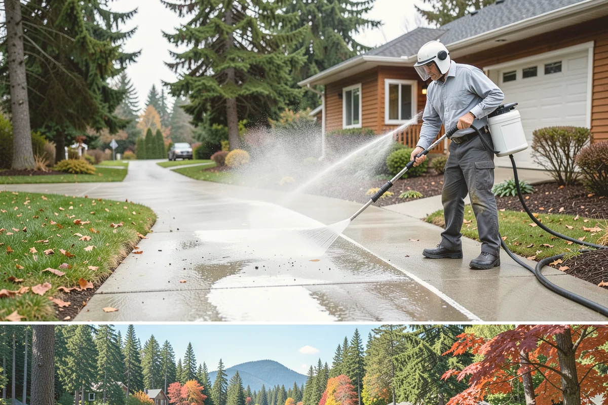 Concrete Pad Cleaning in Covington, King County, WA - These shaded pads benefit from a summer cleaning when reduced rainfall slows the moss that otherwise returns quickly.