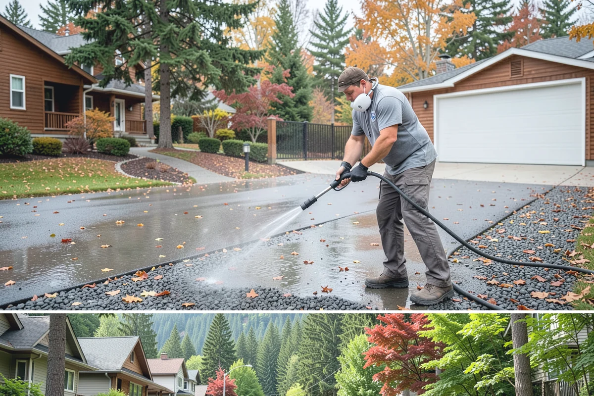 Concrete Pad Cleaning in Darrington, Snohomish County, WA - These shaded pads benefit from a summer cleaning when reduced rainfall slows the moss that otherwise returns quickly.