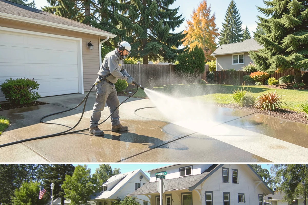 Concrete Pad Cleaning in DuPont, Pierce County, WA - These shaded pads benefit from a summer cleaning when reduced rainfall slows the moss that otherwise returns quickly.