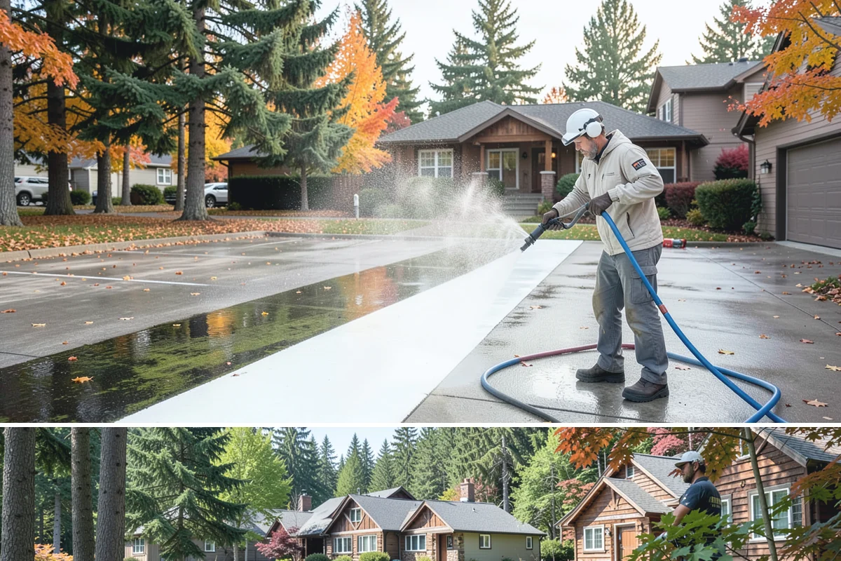 Concrete Pad Cleaning in Edgewood, Pierce County, WA - These shaded pads benefit from a summer cleaning when reduced rainfall slows the moss that otherwise returns quickly.
