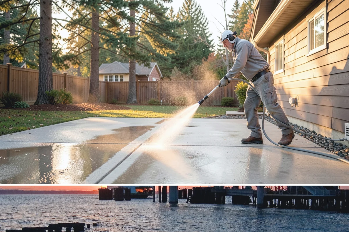 Concrete Pad Cleaning in Edmonds, Snohomish County, WA - These shaded pads benefit from a summer cleaning when reduced rainfall slows the moss that otherwise returns quickly.