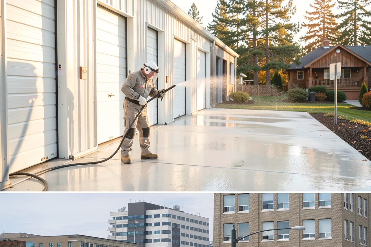 Concrete Pad Cleaning in Everett, Snohomish County, WA - These shaded pads benefit from a summer cleaning when reduced rainfall slows the moss that otherwise returns quickly.