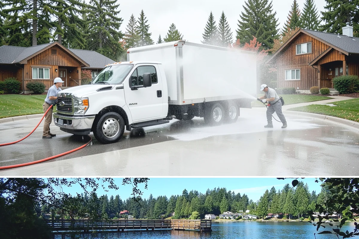 Concrete Pad Cleaning in Federal Way, King County, WA - These shaded pads benefit from a summer cleaning when reduced rainfall slows the moss that otherwise returns quickly.
