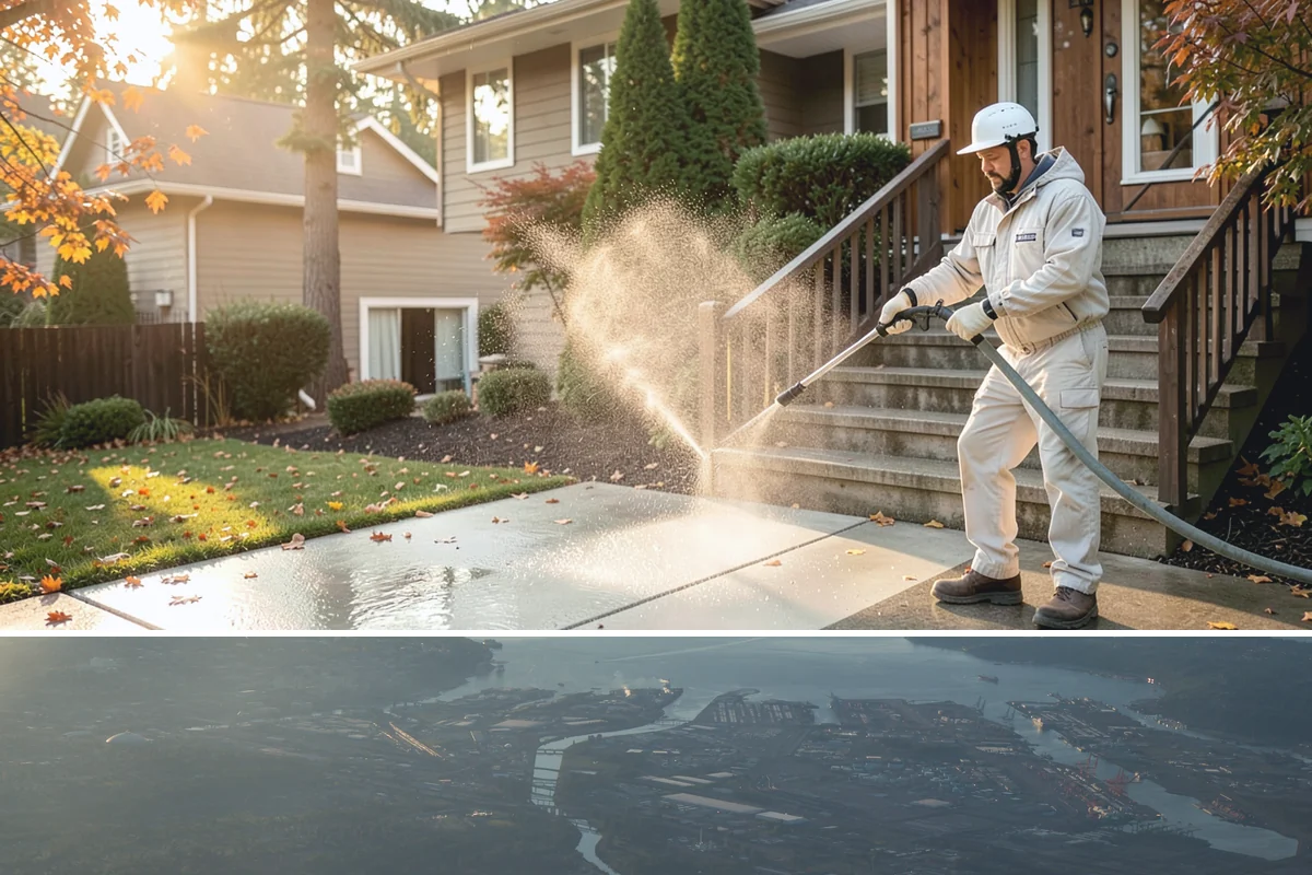 Concrete Pad Cleaning in Fife, Pierce County, WA - These shaded pads benefit from a summer cleaning when reduced rainfall slows the moss that otherwise returns quickly.