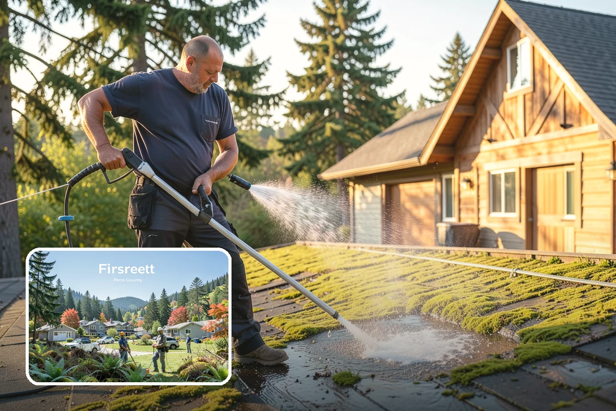 Concrete Pad Cleaning in Fircrest, Pierce County, WA - Clears moss from low, shaded utility slabs