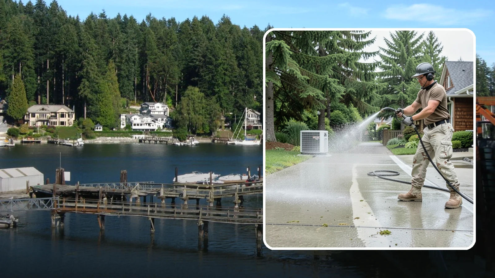 Concrete Pad Cleaning in Gig Harbor, Pierce County, WA - Refresh AC pads, shed pads, and utility slabs that collect moss and debris in the damp Northwest climate.