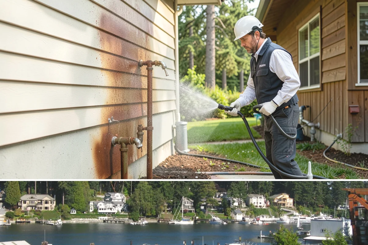 Concrete Pad Cleaning in Gig Harbor, Pierce County, WA - These shaded pads benefit from a summer cleaning when reduced rainfall slows the moss that otherwise returns quickly.